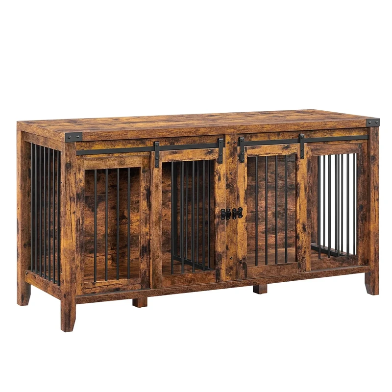 Feandrea Large Dog Crate Furniture, Heavy-Duty Dog Cage for 1 Large Dog or 2 Medium Dogs, with Divider, Sliding Doors, TV Stand, Rustic Brown PFC301X01