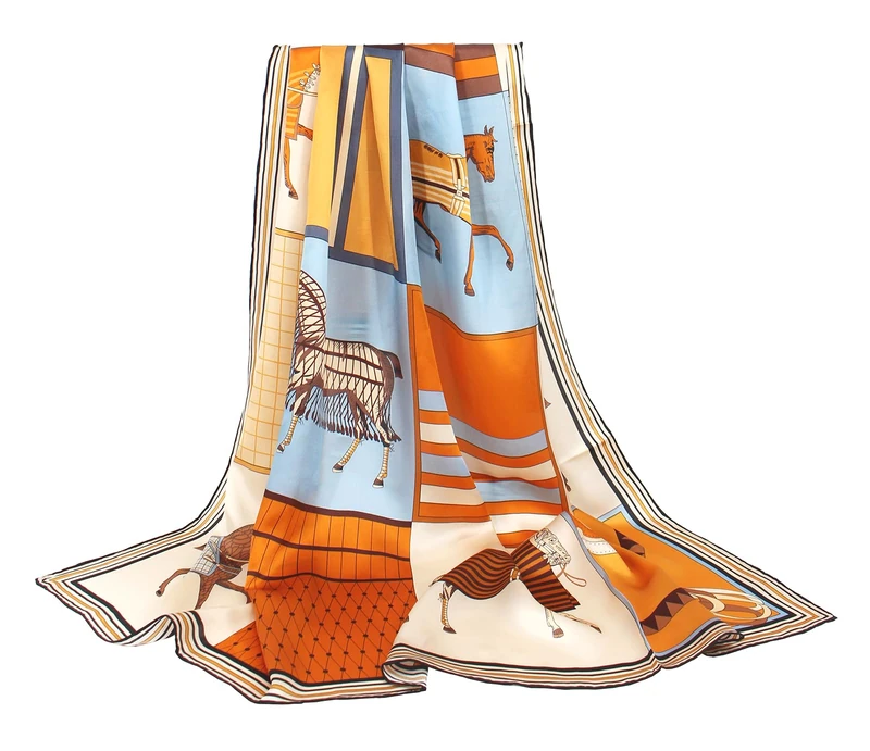 ANDANTINO 100% Pure Mulberry Silk Scarf 43" Large Square Lightweight Headscarf& Shawl–Women Hair Wraps-With Gift Packed, Brown&blue -Horse, Large