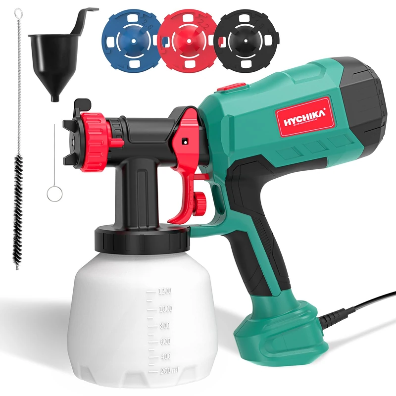 HYCHIKA Paint Gun, 600W HVLP Paint Gun, 1200ml Tank, 4 Nozzles and 2 Cleaning Tools, Easy to Clean, 3 Pattern Paint Sprayer for Walls and Ceilings, Fences
