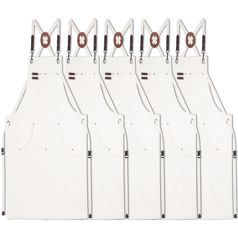 Stenffy 5Pack Work Apron for BBQ, Cafe, Kitchen, Painting, Carpenter, Artist, Aprons for Men Women, Sizes M to XXL, White