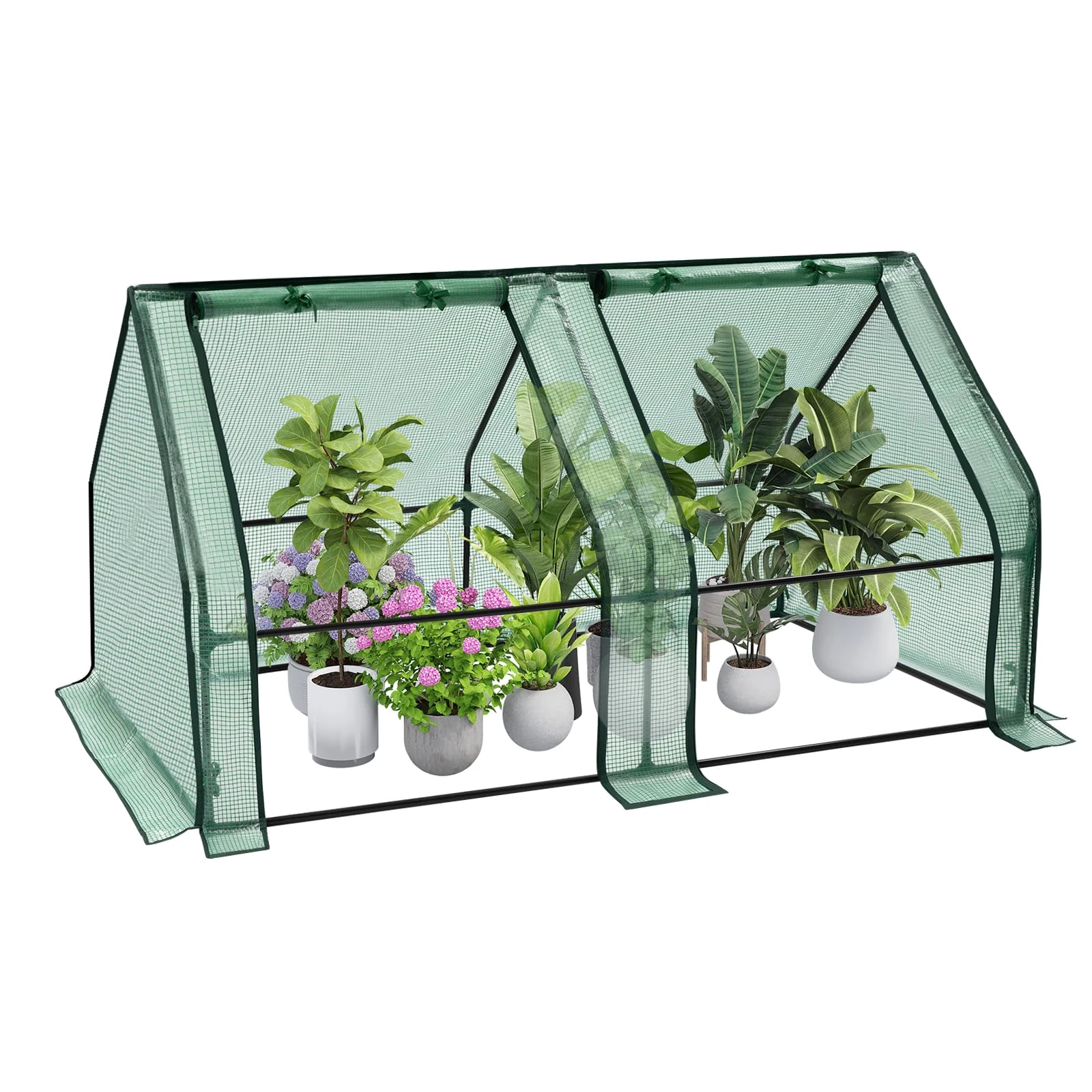 WOLTU Mini Greenhouse with Roll-up Windows, Garden Greenhouse with Metal Frame, 140g/m² PE Cover, 4 Ground Pegs, 180x90x90cm, Green