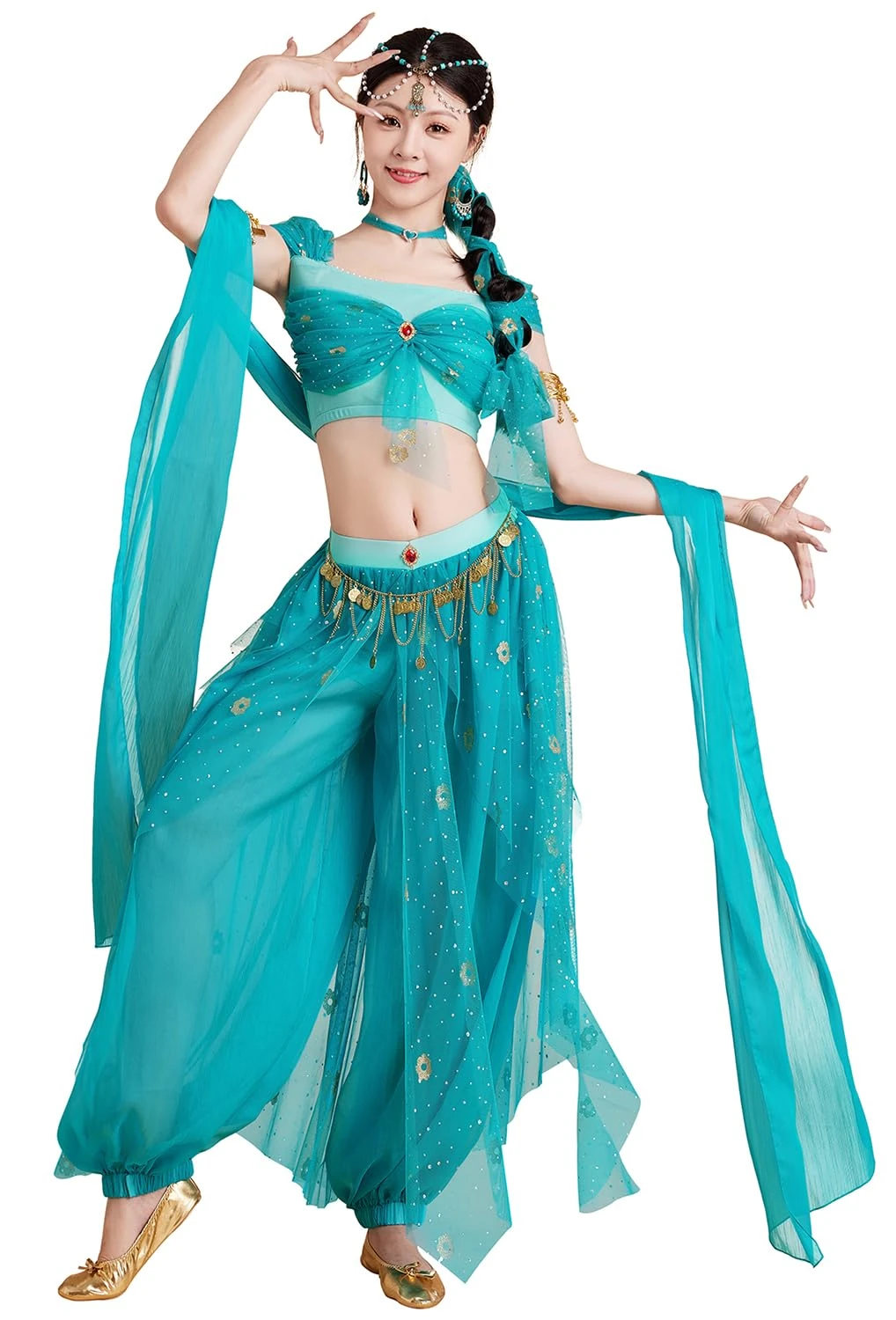ELLYDOOR Jasmine Costumes for Women Adult Belly Dance Aladdin Princess Dress UP Halloween Cosplay Outfit, Jasmine Blue, S