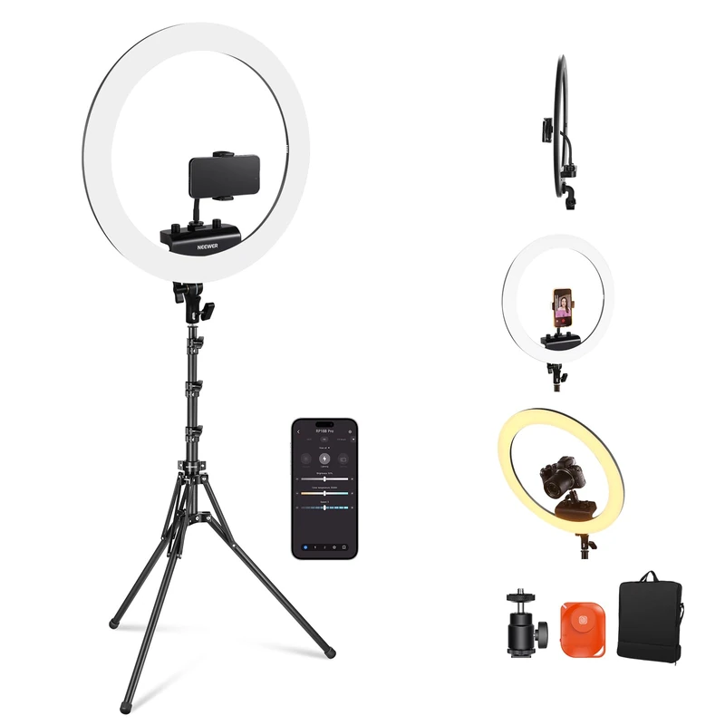 NEEWER Professional 18 Inch Ring Light with Tripod Stand Holder, 45W Remote Shutter App Control, Video Recording Makeup Selfie Studio Streaming Filming, RP18B Pro Black