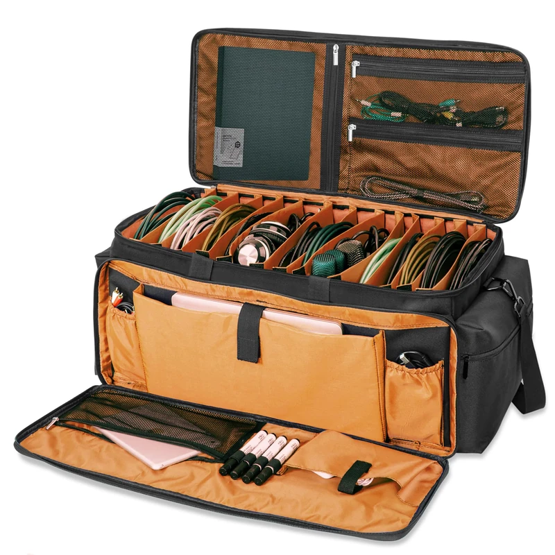 AKOZLIN Cable File Bag with Detachable Dividers, DJ Gig Bag Cord Organizer Case for Laptop,DJ Gear, Sound Instrument and Music Equipment Accessories Black Orange - Image 1