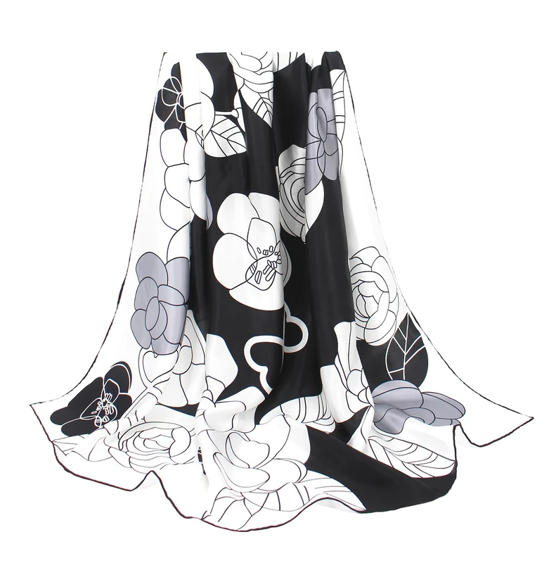 ANDANTINO 100% Pure Mulberry Silk Scarf 43" Large Square Lightweight Headscarf& Shawl–Women Hair Wraps-With Gift Packed, Black&white-flowers, Large