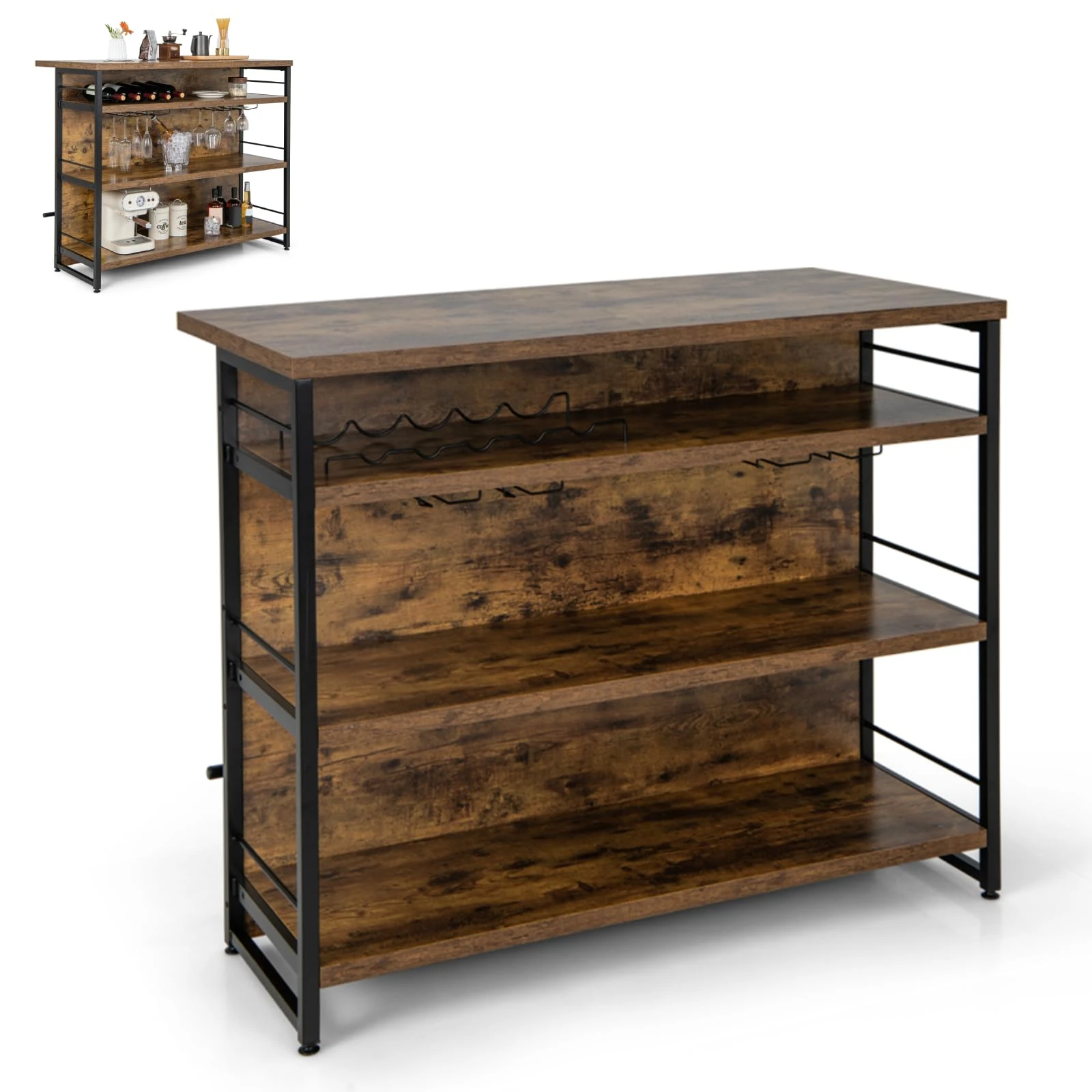 GiantexUK Industrial Kitchen Island Sideboard, Dining Bar Table Station with Wine Rack, 3 Open Shelves, Glass Holders, Footrest & Adjustable Foot Pads, Storage Shelf for Home Pub (Rustic Brown)