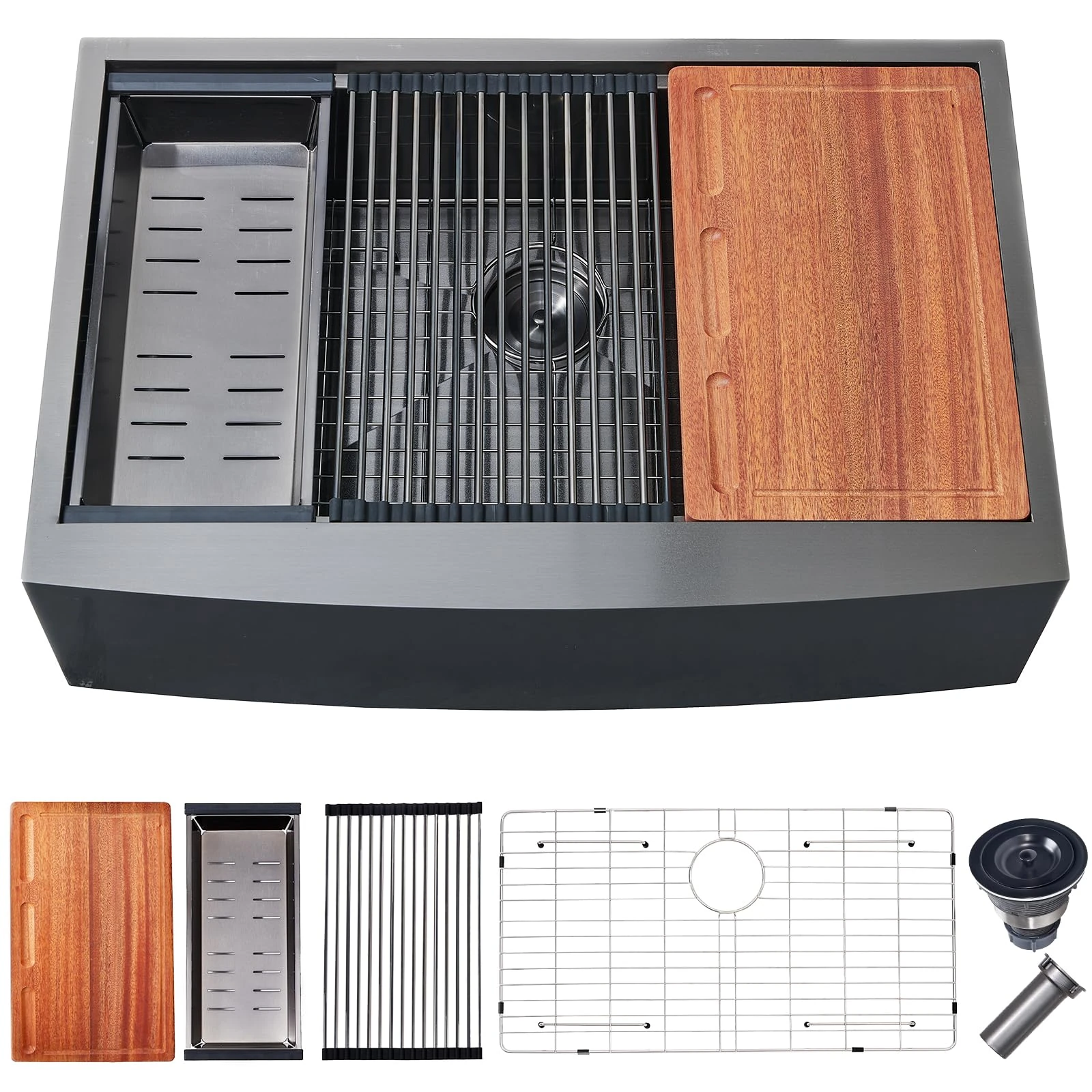 Black Farmhouse Sink 33 Inch - VALISY 33x22 Apron Front Farmhouse Kitchen Sinks 16 Gauge Stainless Steel Undermount Ledge Workstation Deep Single Bowl Luxury Rustic Farm Sinks with All Accessories