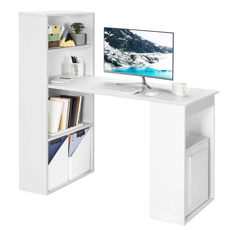 CASART 122CM Computer Desk Bookshelf, Wooden Writing Table with 6 Storage Shelves, Home Office Study Desk PC Laptop Table Workstation (White) - Image 1
