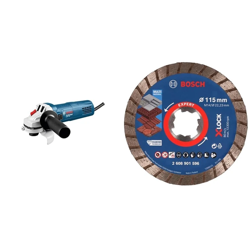 Bosch Professional Winkelschleifer GWS 750 (Scheiben-Ø 115 mm, INKL. Schutzhaube, Zusatzhandgriff, 1 x Diamantscheibe) + 1x Expert MultiMaterial X-Lock Diamanttrennscheibe (Ø 115 x 22,23 mm, Zubehör)