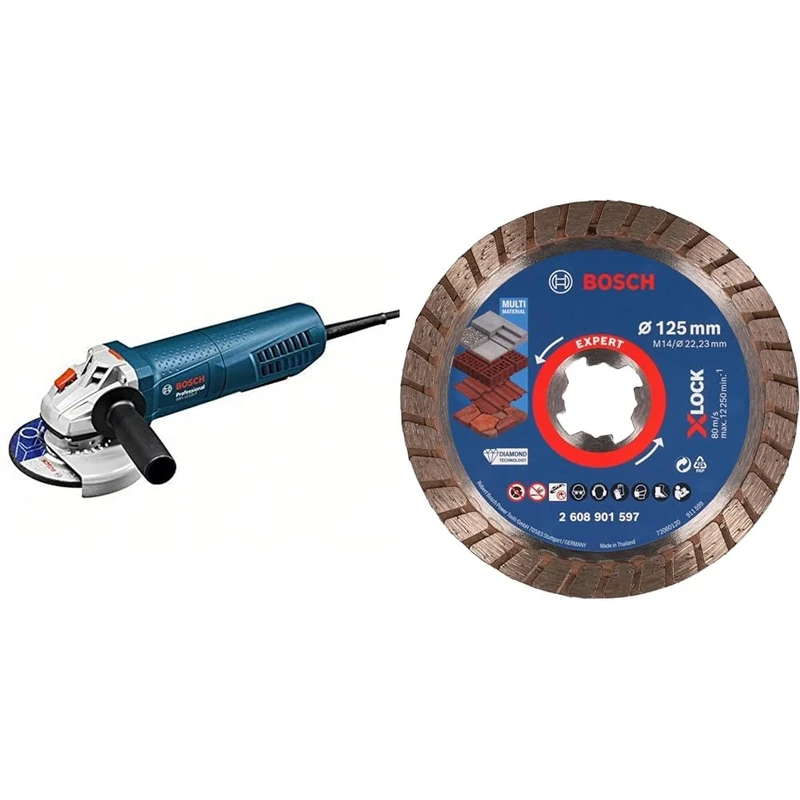 Bosch Professional GWS 11-125 P 0601792202 Winkelschleifer 125mm 1100W + 1x Expert MultiMaterial X-Lock Diamanttrennscheibe (für Beton, Ziegelsteine, Weichgestein, Dachziegeln, Ø125x22,23 mm)