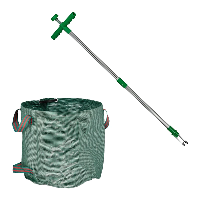 Relaxdays Weeder with Garden Waste Bag, Self Standing, Foldable, Waterproof, Weed Cutter Long Handle, 99 cm, Green