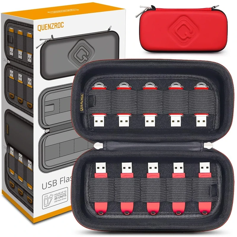 QUENZROC USB Drive Case Organiser Fits 20 Flash Thumb Drives USB Sticks Holder Hard Storage Case Portable Box Travel Carrying Pouch Red