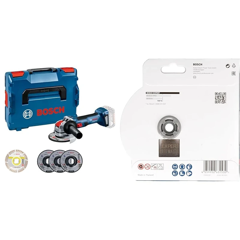 Bosch Professional 18V System Akku-Winkelschleifer GWX 18V-7 (Ø 125 mm, INKL. 5-TLG. Trenn- und Schleifscheiben-Set) + 1x Expert MultiMaterial X-Lock Diamanttrennscheibe (Ø125x22,23 mm)