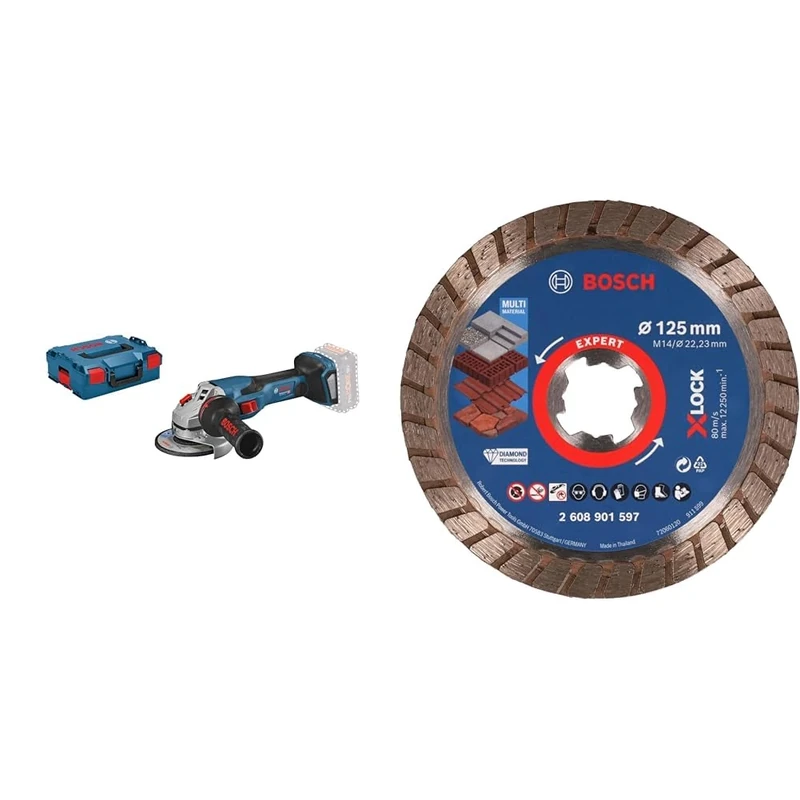 Bosch Professional BITURBO Winkelschleifer GWS 18V-15 C (125 mm, ohne Akku) + 1x Expert MultiMaterial X-Lock Diamanttrennscheibe (für Beton, Ziegelsteine, Dachziegeln, Ø125x22,23 mm, Zubehör)