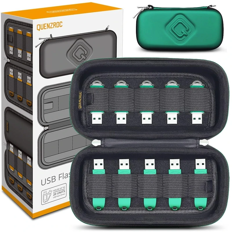 QUENZROC USB Flash Drive Case Organiser Fits 20 Thumb Drives USB Sticks Holder Hard Storage Case Portable Box Travel Carrying Pouch Deluxe Green - Image 1