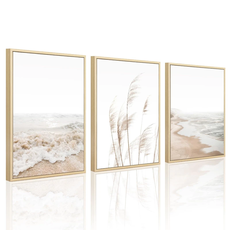 Joocrise Beach Wall Art Boho Prints Coastal Canvas Wall Art FRAMED Beach Pictures Pampas Grass Ocean Poster Plant Landscape Scene Artwork for Living Room Bedroom Decor 16x24 Inch Set of 3