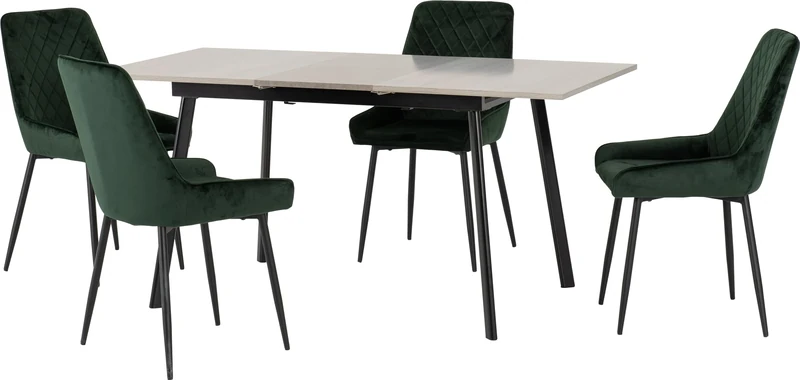 Seconique Avery Extending Dining Set with 4 Chairs in Concrete/Emerald Green Velvet