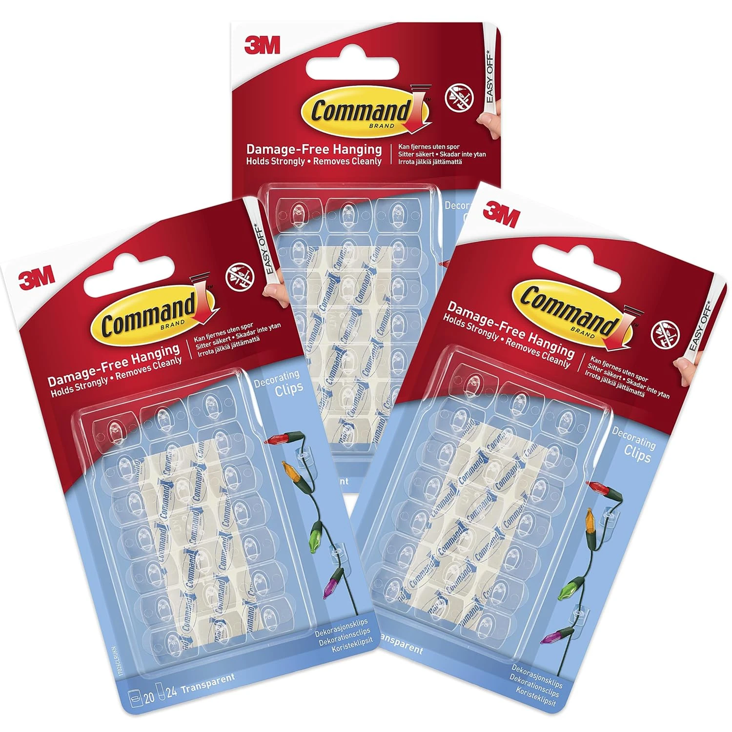 Command Decorating Clips Pack of 20 Mini Hooks and 24 Small Strips x 3 Pack- Hanging Clips for Christmas Decorations and Fairy Lights, Wall Adhesive - Damage Free (3)