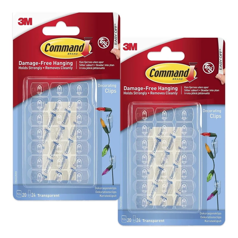 Command Decorating Clips – 2X Pack of 20 Mini Hook & 24 Small Strips, Transparent Stick on Hooks for Hanging Fairy Lights & Christmas Decorations Hooks | Clear Adhesive Removable Wall Command Hook