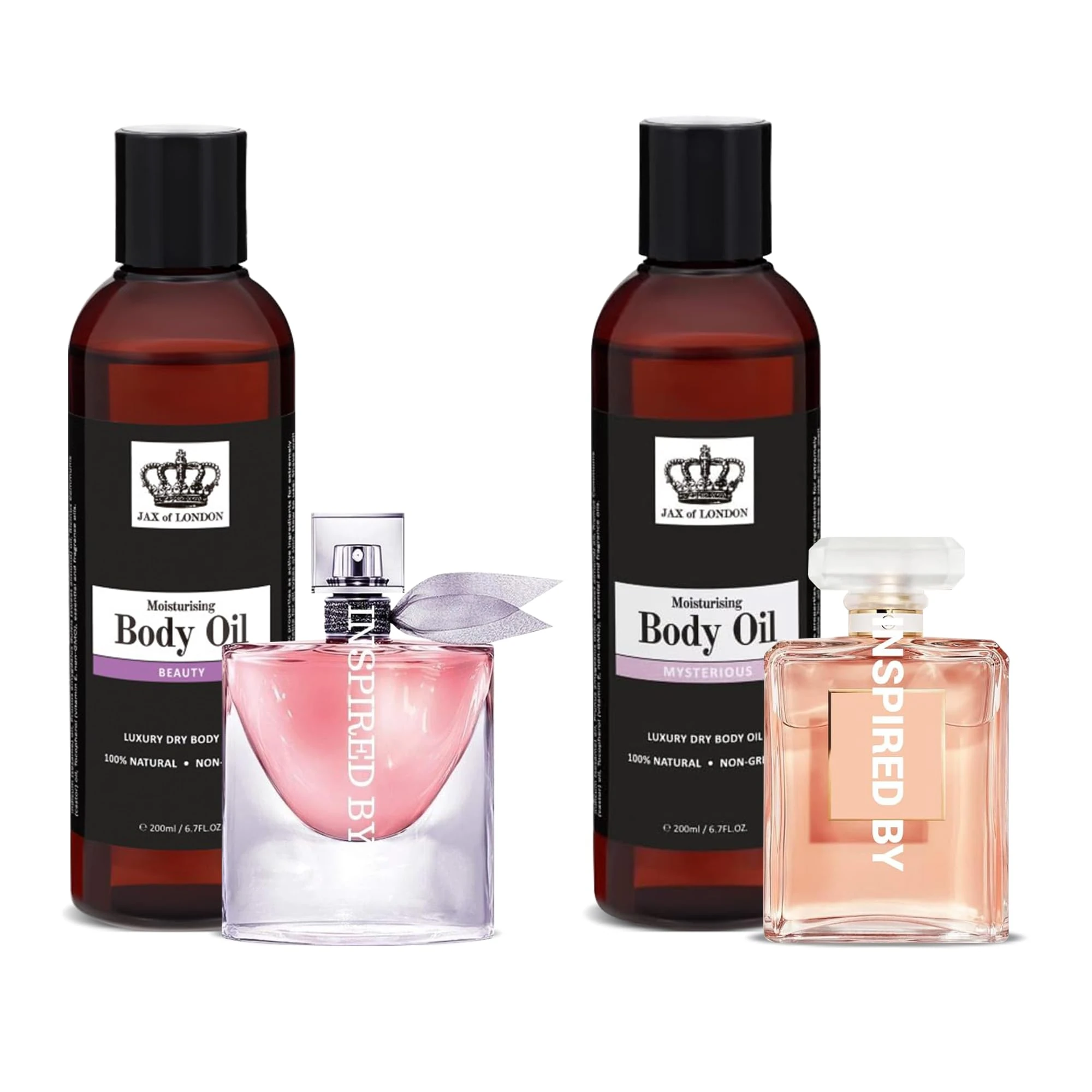 Jax of London Beauty and Mysterious Body Oil Set 2 x 200ml. Women’s Inspired Body Oil, Moisturising Massage Oil for Skin, Suitable for Massage, Firming, Stretch Marks, Aromatherapy, and Relaxation