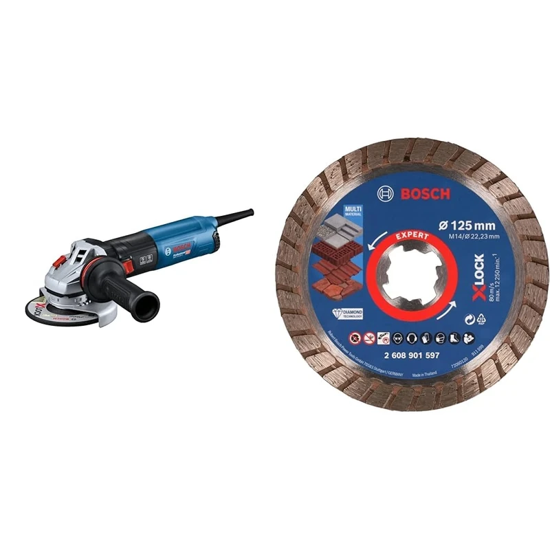 Bosch Professional Winkelschleifer GWS 14-125 S (Schutzhaube, anklippbare Trennschutzhaube) + 1x Expert MultiMaterial X-Lock Diamanttrennscheibe (Beton, Ziegelsteine, Dachziegeln, Ø125x22,23 mm) - Image 1