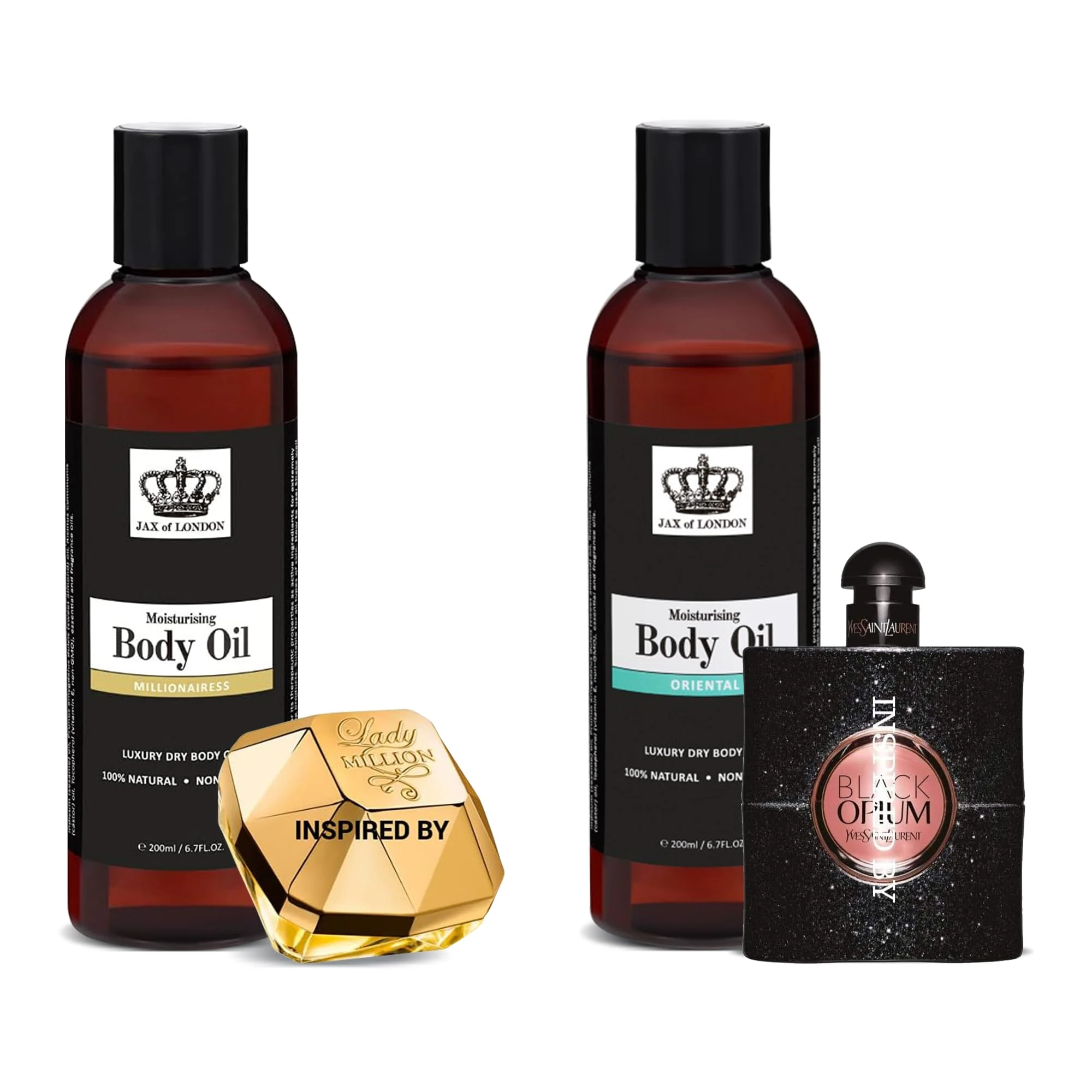 Jax of London Millionaires and Oriental Body Oil Two Pack 400ml Set Body Oil, Inspired Fragrance, for Skin, Body, Hair, Shower, Massage, Firming & Stretch Mark