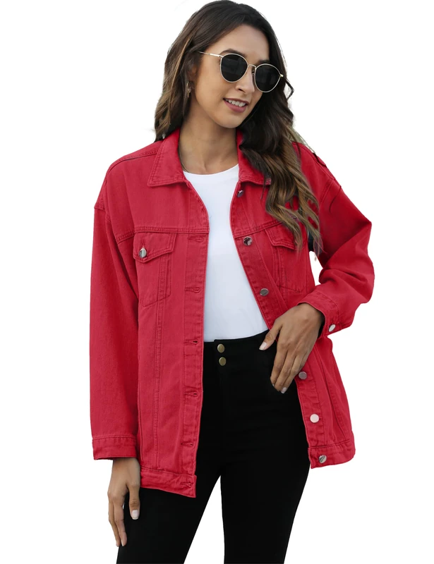 Omoone Women's Oversized Mid Long Denim Jacket Jean Biker Coat, Red, M