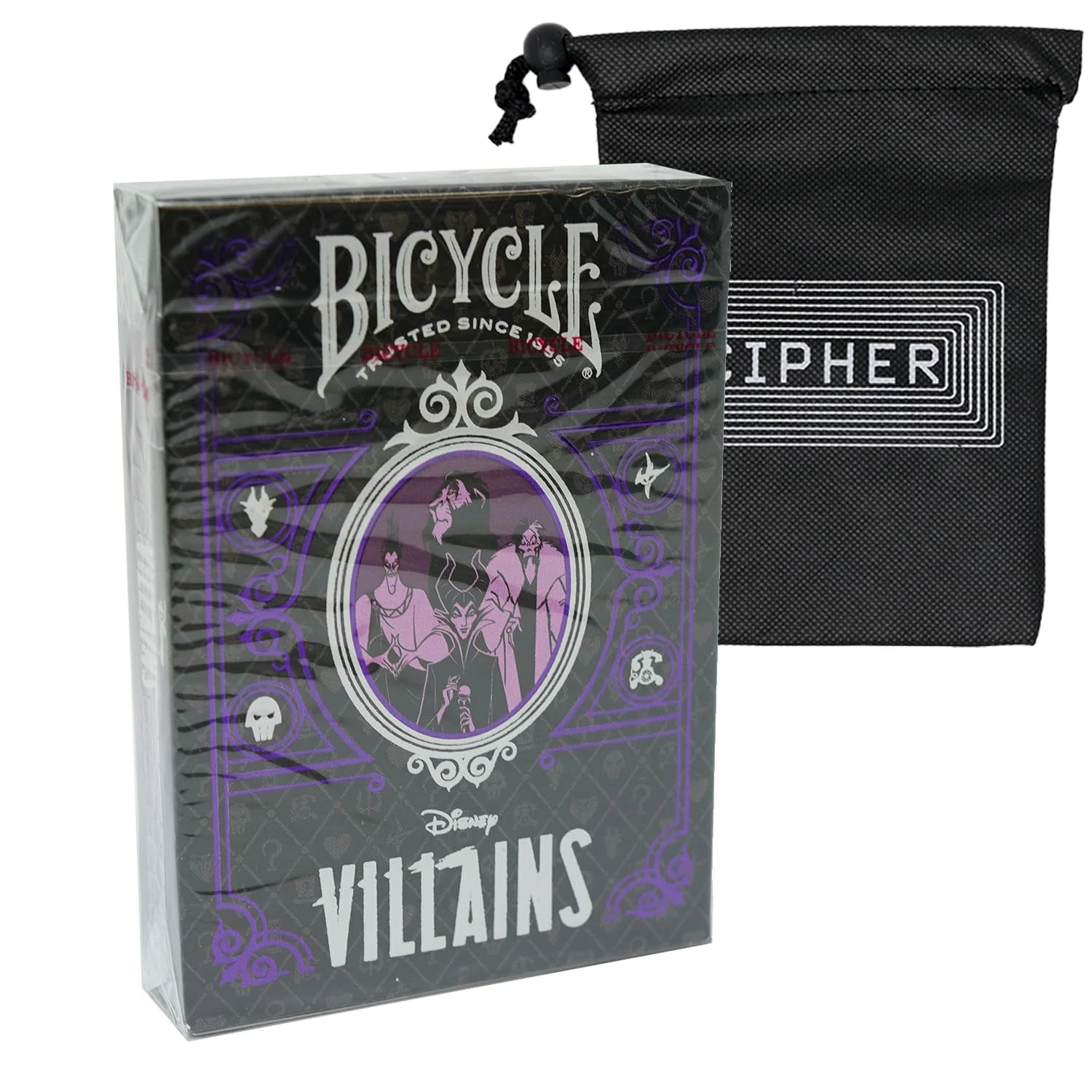 Bicycle Disney Villians Playing Cards - Premium Disney Poker Size Deck - Includes Cipher Playing Cards Bag (Purple)