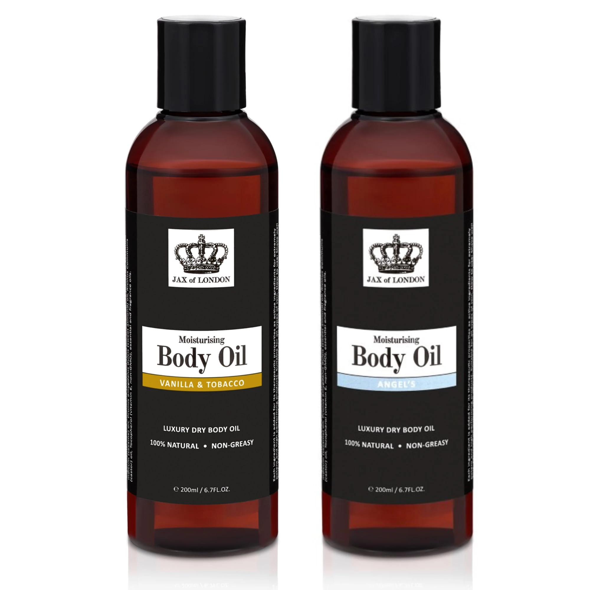 Jax Of London Angels and Tobacco & Vanilla Two Pack Set Body Oil, Inspired Fragrance, for Skin, Body, Hair, Shower, Massage, Firming & Stretch Mark