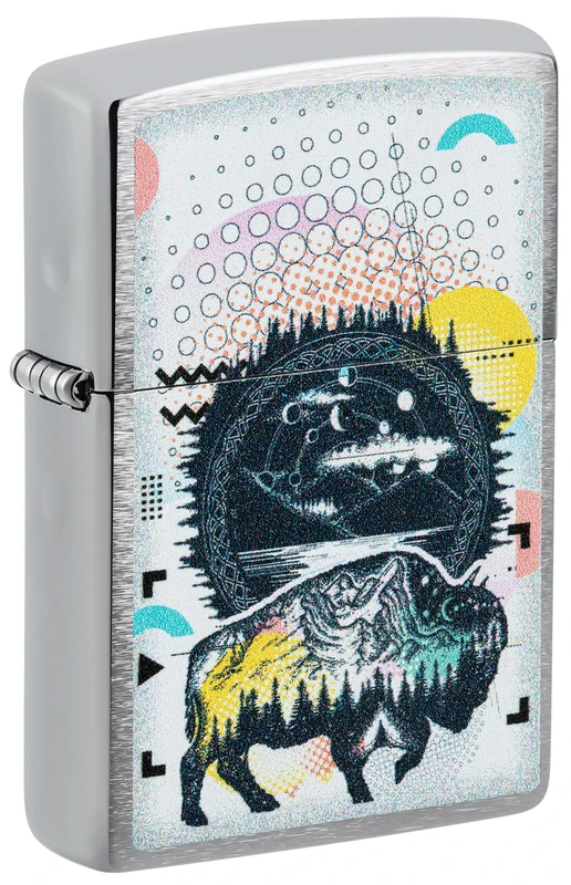 Zippo Windproof Lighter, Abstract Bison Design – Brushed Chrome, Colour Image – Refillable, Reusable, Windproof Design – Comes in Gift Box – Made in USA