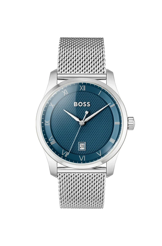 BOSS Three Hand Quartz Movement Watch for Men Principle Collection with Silver Stainless Steel Mesh Bracelet - 1514115