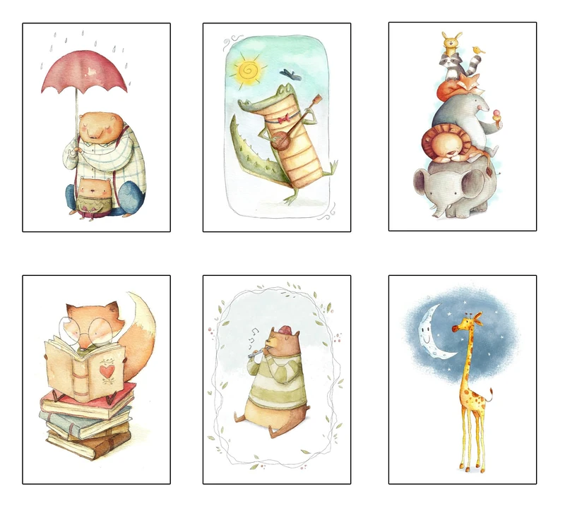 DKORARTE Set of 6 Wooden Paintings, Living Room Decoration, Modern, Bedrooms, Children's Room, Drawings, Animals, Plush Toys with Metal Hangers, (38 x 29 cm Each Frame) - Image 1