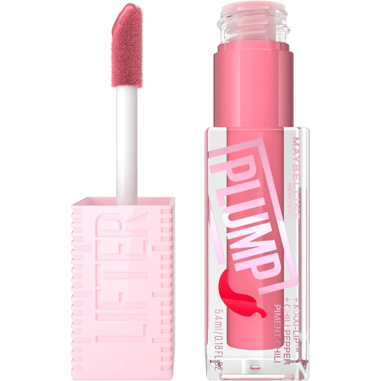 Maybelline New York, Lifter Plump Lip Gloss, Lasting Plump, Heated Formula with Hyaluronic Acid and Chilli Pepper, XL Wand, Vegan Formula, Shade: 001 Blush Blaze