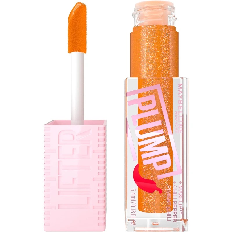 Maybelline New York, Lifter Plump Lip Gloss, Lasting Plump, Heated Formula with Hyaluronic Acid and Chilli Pepper, XL Wand, Vegan Formula, Shade: 008 Hot Honey