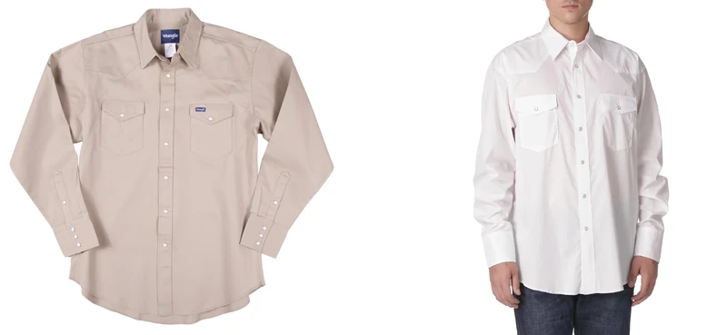 Wrangler Men's Cowboy Cut Western Long Sleeve Snap Work Shirt Firm Finish Shirt, Khaki, L and Sport Western Basic, Two Pockets, White