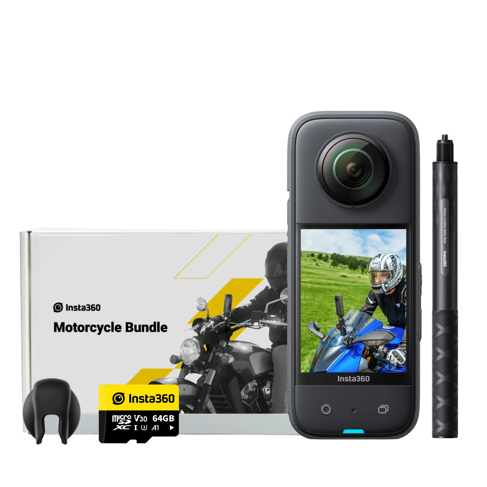 Insta360 X3 New Motorcycle Bundle - Waterproof 360 Action Camera with 1/2" 48MP Sensors, 5.7K 360 Active HDR Video, 72MP 360 Photo, 4K Single-Lens, 60fps Me Mode, Stabilization, AI Editing