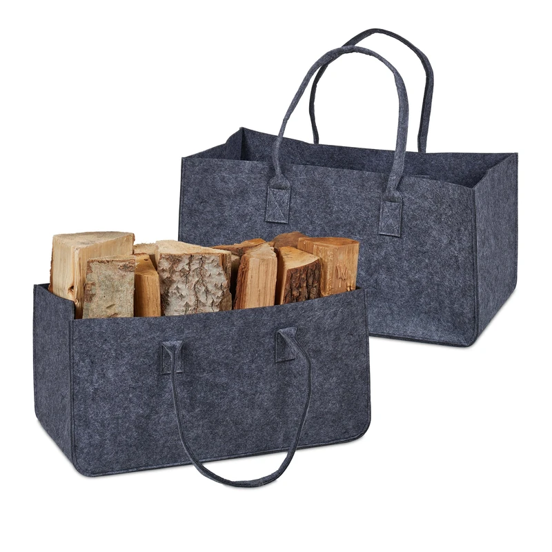Relaxdays Set of 2 Firewood Bags, Felt, 28 l Vol., Foldable Storage Basket, Logs and other Items, 25x50x25cm, Dark Grey