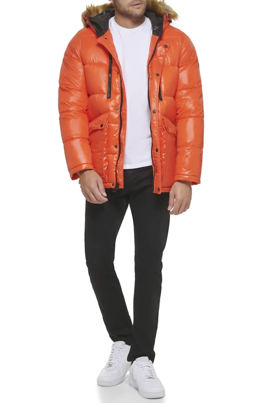 GUESS Women's Puffer Jacket with Removable Hood - Hot Orange L