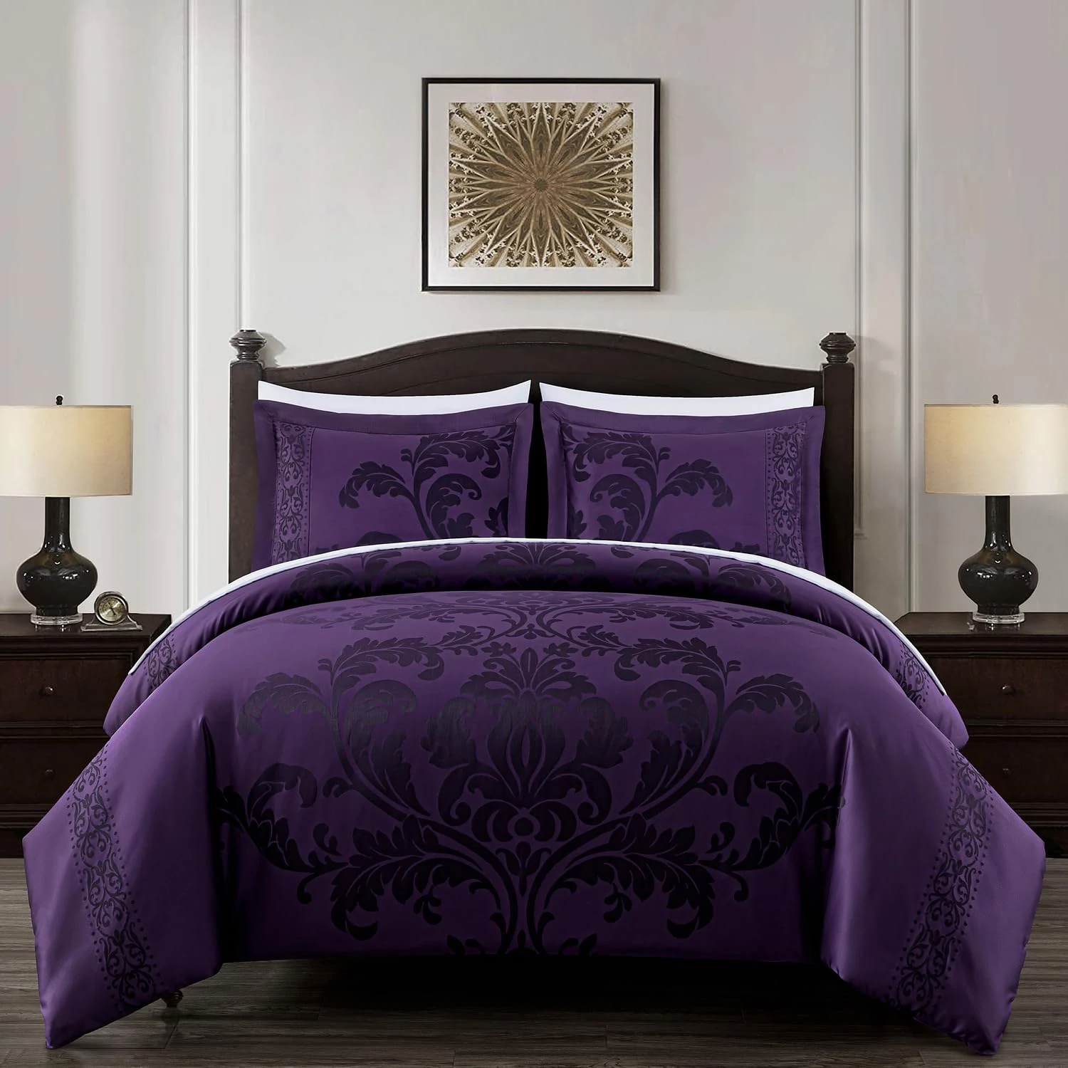 Chezmoi Collection Valor 7-Piece King Bed in a Bag, Purple/Dark Purple Luxury Jacquard Floral Comforter with Sheets Set for All Season