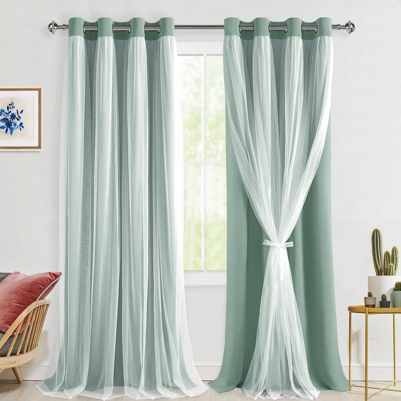 Hiasan Sage Green Blackout Curtains for Bedroom, Mix & Match Double Layer Thermal Insulated Privacy Grommet Window Curtains for Living Room,2 Drape Panels with Tiebacks,52W X 96L
