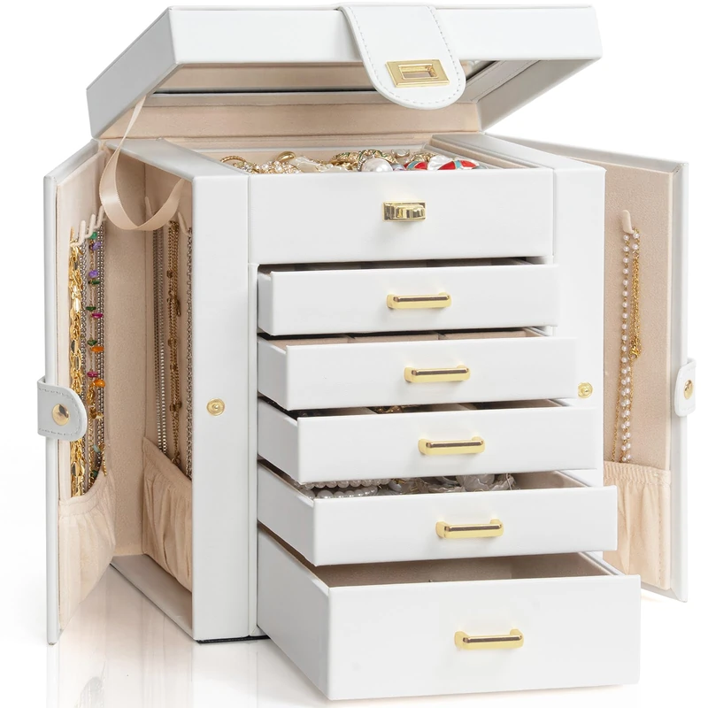 AKOZLIN Functional 6-Tier Jewelry Box Organizer with 5 Drawers Leather Jewelry Storage Case for Women Girls Ring Necklace Earring Bracelet Holder Organizer with Mirror White