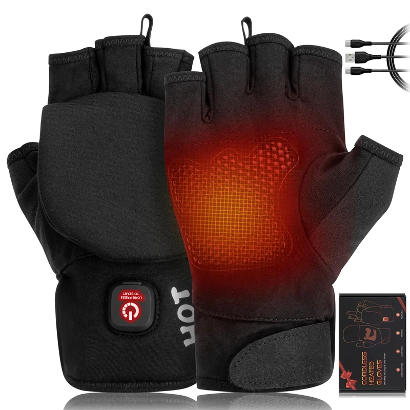 Heated Gloves for Men Women, Rechargeable Full & Half Hands Electric Gloves Heated Fingerless Touchscreen Gloves Heated Winter Hand Warmer for Work Cycling Skiing Outdoor Snow (M)