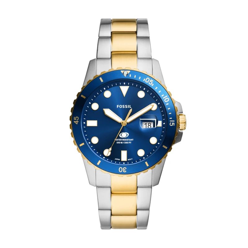 Fossil Men's 42mm Blue Quartz Stainless Steel, Gold/Silver/Blue Dive-Inspired Three-Hand Watch, FS6034