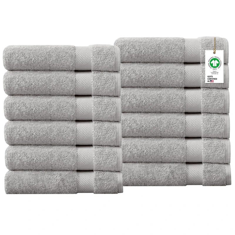 Delara 100% Organic Cotton Towels 650 GSM Plush Feather Touch Quick Dry Wash Cloth, Pack of 12 GOTS Certified, Oeko-Tex Green Certified, Organic Cotton Wash Cloth, 13"X13" - Image 1