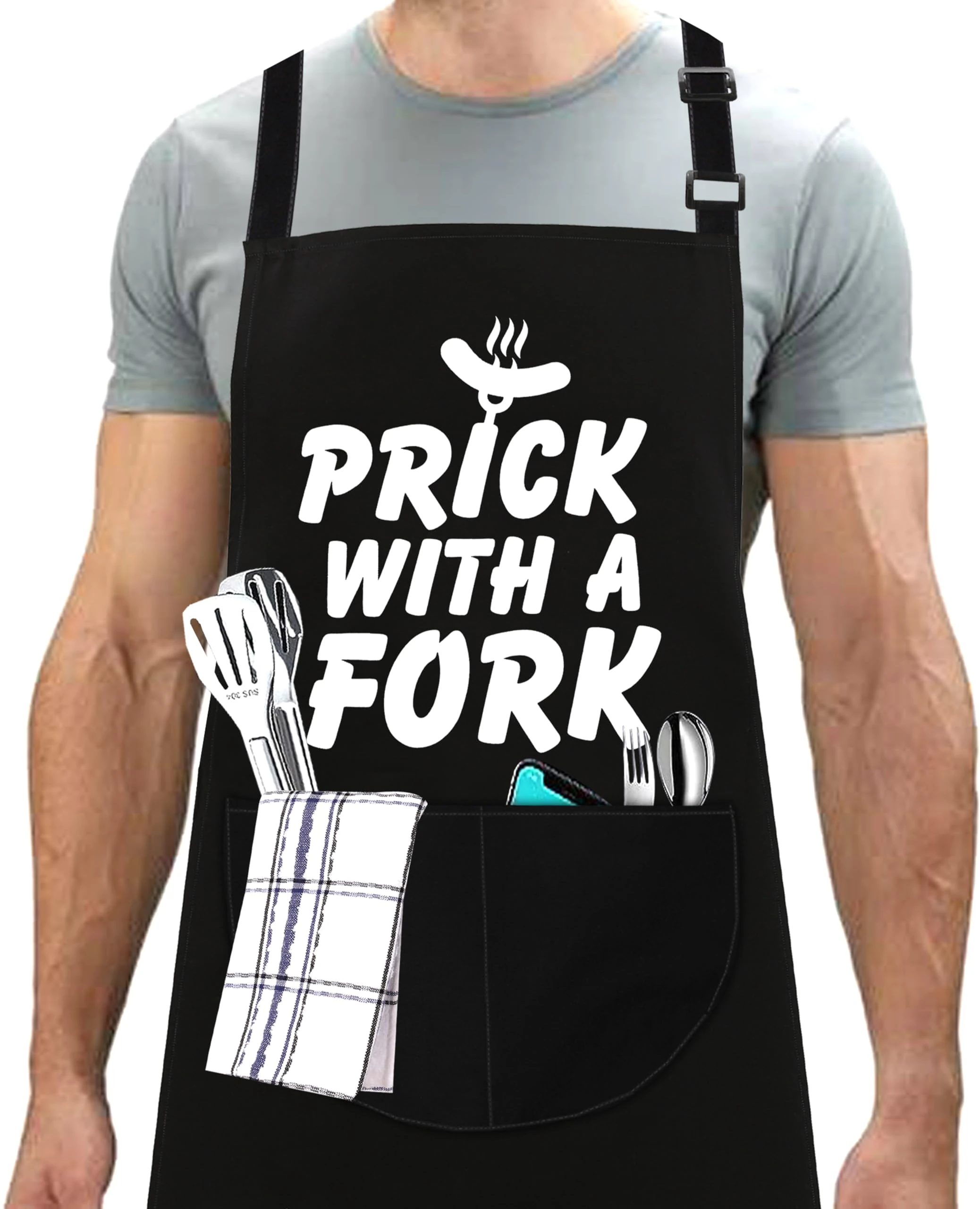 LINEN CLOSET® Bbq Apron for Men Funny Aprons Grilling Novelty Barbecue Aprons Kitchen Cooking Gift Fork Apron with 2 Front Pockets