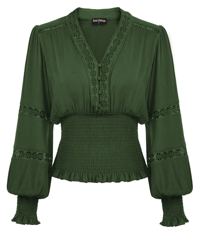 Scarlet Darkness Women's Renaissance Peasant Blouse V Neck Lantern Sleeve Lace Smocked Tops, Dark Green, XL