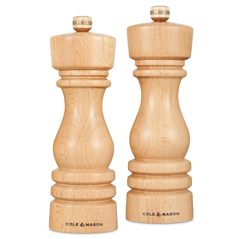 Cole & Mason London Natural Beech Salt and Pepper Mill Set, 180mm, Precision+ Carbon/Ceramic Mechanisms, Salt and Pepper Grinders with Adjustable Grind, Beech Wood, Gift Set