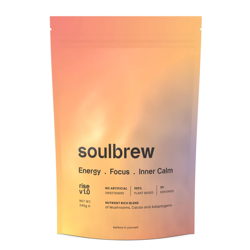 SoulBrew Rise Mushroom Coffee Alternative - with Lion's Mane, Cordyceps, Chaga, Maca, Ashwagandha & Cacao – Gut Friendly Nootropic Superfood for Energy & Focus - Vegan - 30 Servings