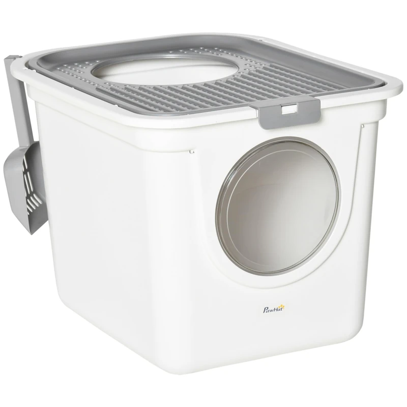 PawHut Cat Litter Tray with Lid Cat Litter Tray with Hood Scoop XXL Cat Litter Tray for Cats up to 5 kg 44 x 55 x 39 cm Grey + White