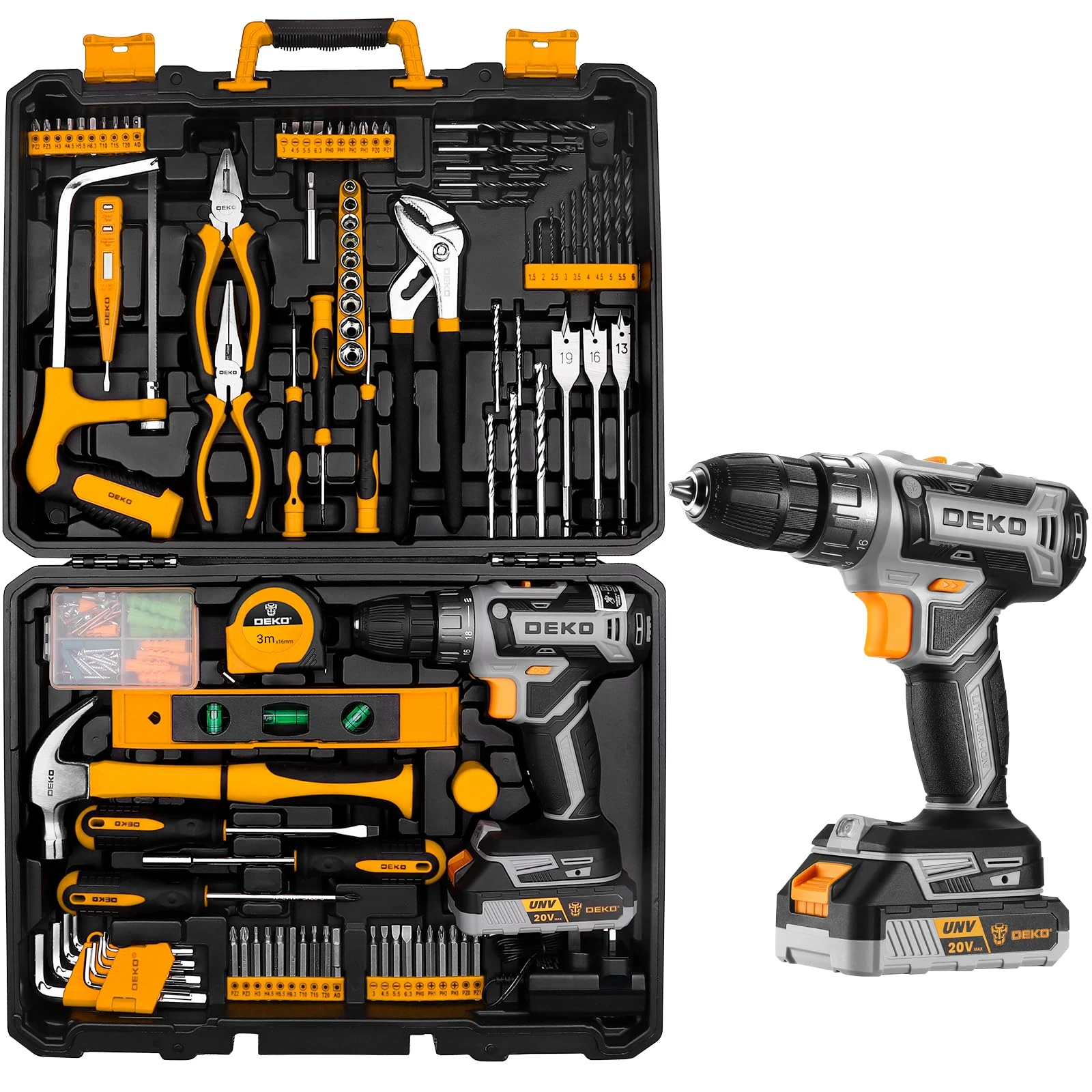 Cordless Drill Tool Kit Set: DEKO 20V Power Drill Tool Box with Battery Electric Drill Driver for Men Home Hand Repair Basic Toolbox Tools Sets Drills Case,186 Pieces